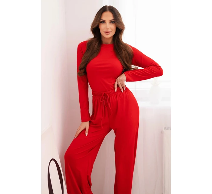 Dámský viskózový komplet s blůzkou a širokými kalhotami červený