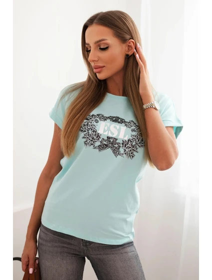 Dámská bavlněná halenka s ozdobným potiskem ESL mentolová Dámská bavlněná halenka s ozdobným potiskem ESL mentolová