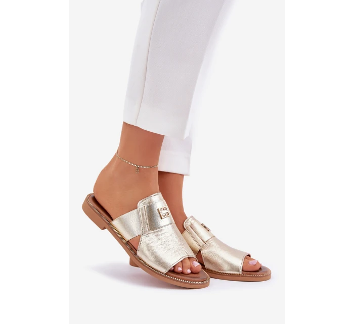 Elegantní Pantofle Z Přírodní Kůže Na Plochém Podpatku model 21684082 Zlaté - Zazoo