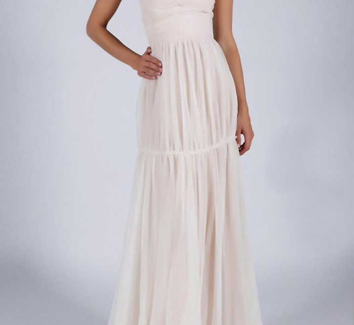 Dámské šaty SOKY SOKA na ramínka s šifonovou sukní dlouhé smetanově bílé - Bílá / XL - SOKY&SOKA
