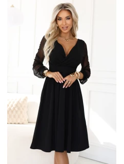 Elegantní midi šaty s obálkovým výstřihem a rukávy černé model 21794482 - numoco