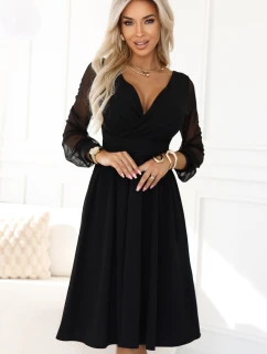 657-1 Elegantní midi šaty s obálkovým výstřihem a tylovými rukávy - černé