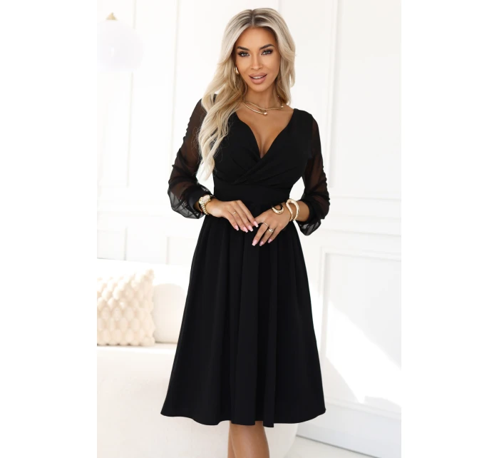 Elegantní midi šaty s obálkovým výstřihem a rukávy černé model 21794482 - numoco