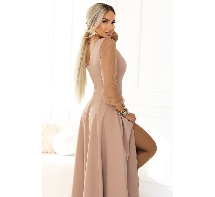 640-4 LORETTA jedinečné dlouhé šaty s tylovými rukávy a výstřihem - béžové 640-4 LORETTA jedinečné dlouhé šaty s tylovými rukávy a výstřihem - béžové