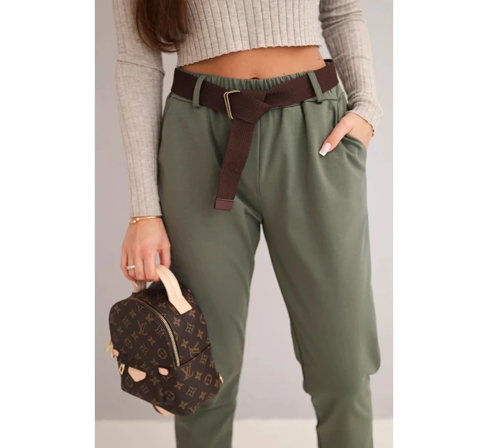 Dámské bavlněné kalhoty s páskem a ohrnutým lemem khaki