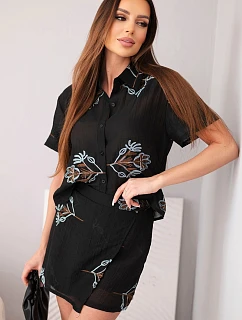 Dámský komplet košile s krátkým rukávem a sukně-šortky vyšívané černá