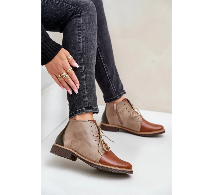 Kožené Botky Na Plochém Podpatku Hnědé Zazoo 4078