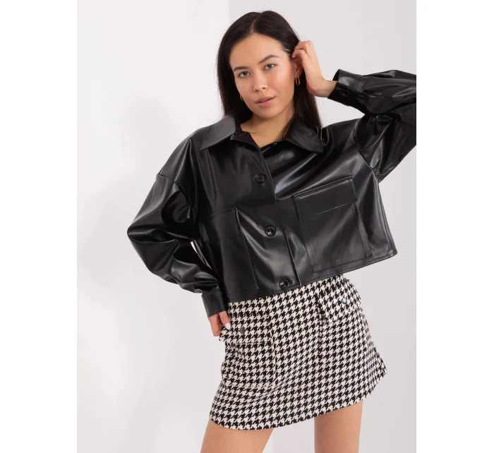 Krátká černá dámská bunda z imitace kůže model 20970138 - Factory Price