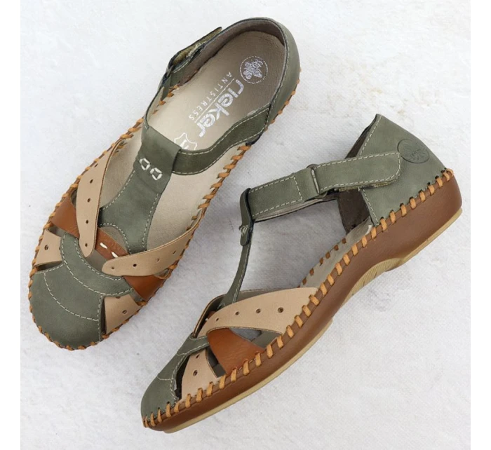 Sandały damskie komfortowe na rzepy zabudowane palce zielone Rieker M1655-54