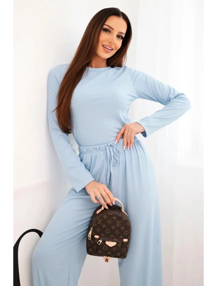 Dámský viskózový komplet s blůzkou a širokými kalhotami modrý