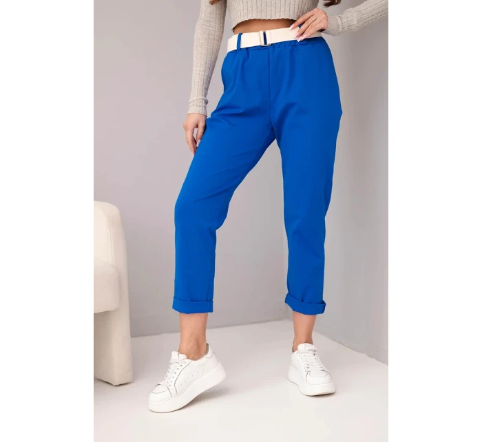 Dámské bavlněné kalhoty s páskem a ohrnutými nohavicemi chabrové Dámské bavlněné kalhoty s páskem a ohrnutými nohavicemi chabrové