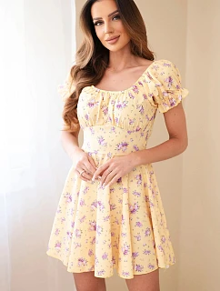 Dámské květinové šaty s balónovým rukávem a elastickým pasem žluté