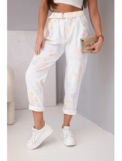 Dámské viskózové kalhoty s květinami a páskem bílé