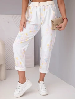 Dámské viskózové kalhoty s květinami a páskem bílé
