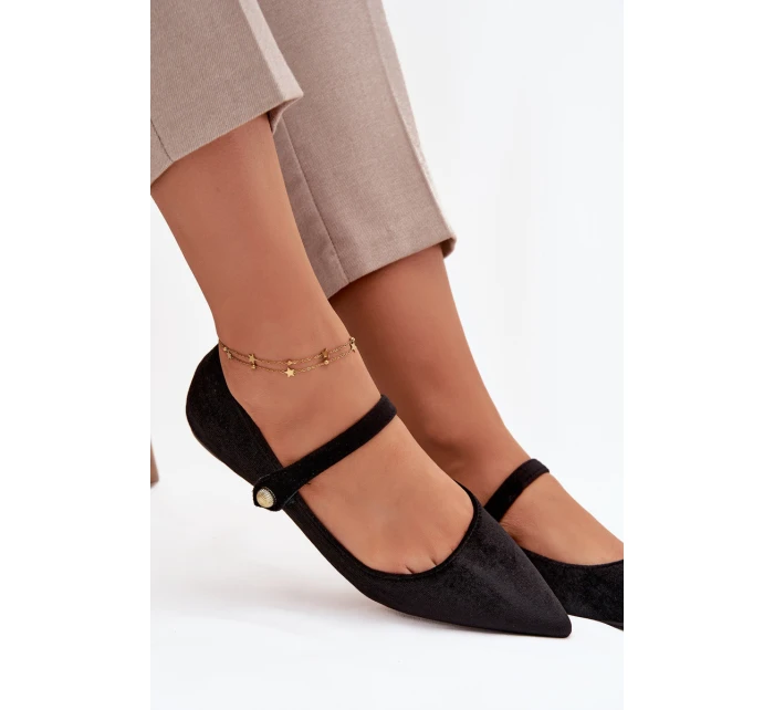 Dámské sametové baleríny s páskem a zlatým detailem model 21834646 – černé - Kesi