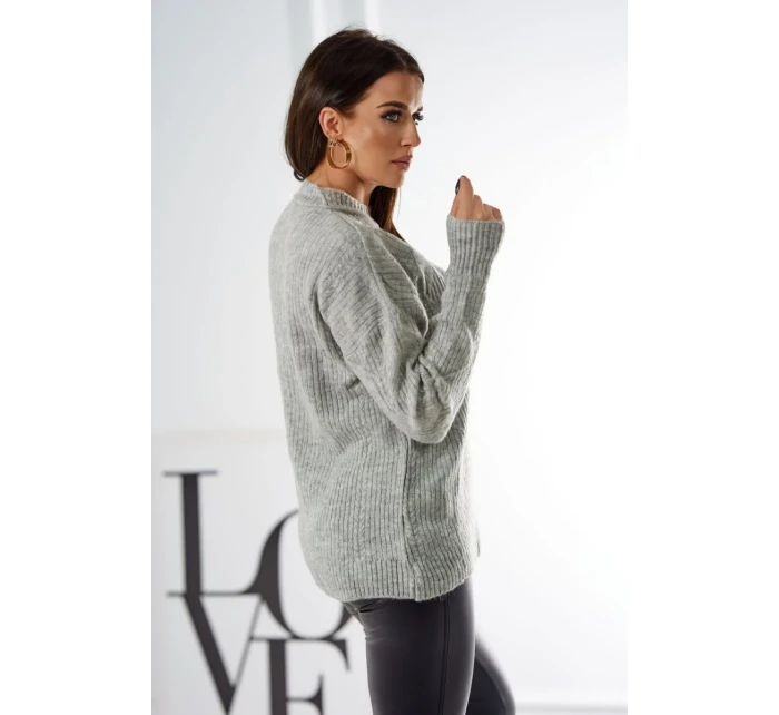 Svetr model 18970343 přes hlavu s módní vazbou šedý - K-Fashion Svetr model 18970343 přes hlavu s módní vazbou šedý - K-Fashion