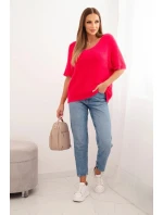 Dámský svetr z měkkého chlupatého materiálu s V výstřihem krátký rukáv růžový