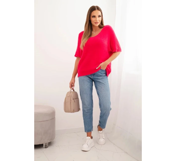 Dámský svetr z měkkého chlupatého materiálu s V výstřihem krátký rukáv růžový