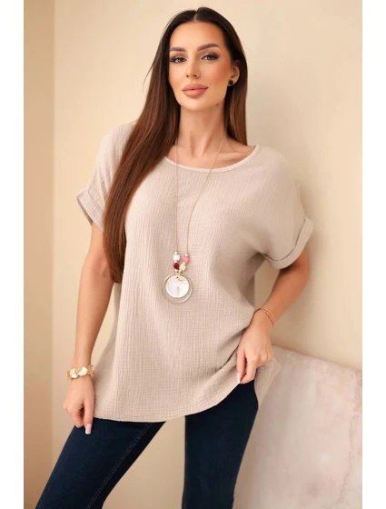 Hedvábná blůza s náhrdelníkem tmavě béžová