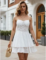 Dámské bavlněné šaty s prolamovanou výšivkou, bílé, FashionStreet EY2680 Dámské bavlněné šaty s prolamovanou výšivkou, bílé, FashionStreet EY2680