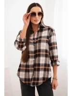 Dámská košile z bavlny s delším zadním dílem károvaná hnědá + béžová