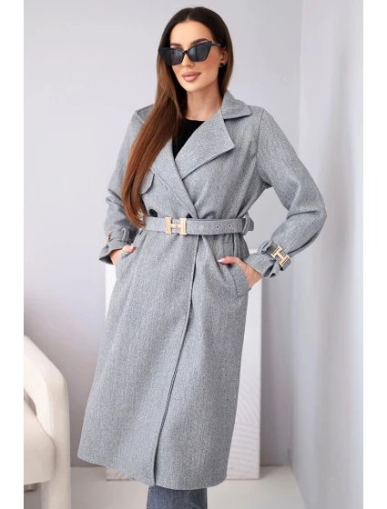 Dámský kabát s páskem a zlatými přezkami šedý melanž