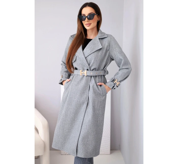 Dámský kabát s páskem a zlatými přezkami šedý melanž