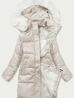 Dámská zimní bunda v ecru barvě z ekologické kůže (TY229009)