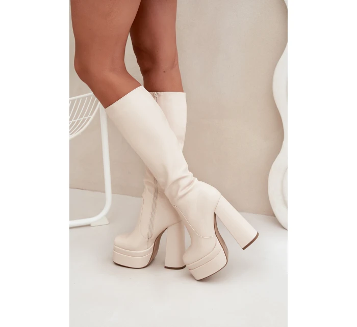 Zateplené dámské kozačky na podpatku a platformě světle béžové model 21704844 - Boto