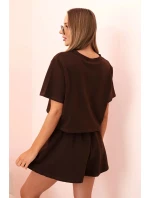 Dámský bavlněný komplet s širokými šortkami hnědý