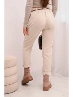 Dámské kalhoty z viskózy s šátkovým páskem béžové Dámské kalhoty z viskózy s šátkovým páskem béžové
