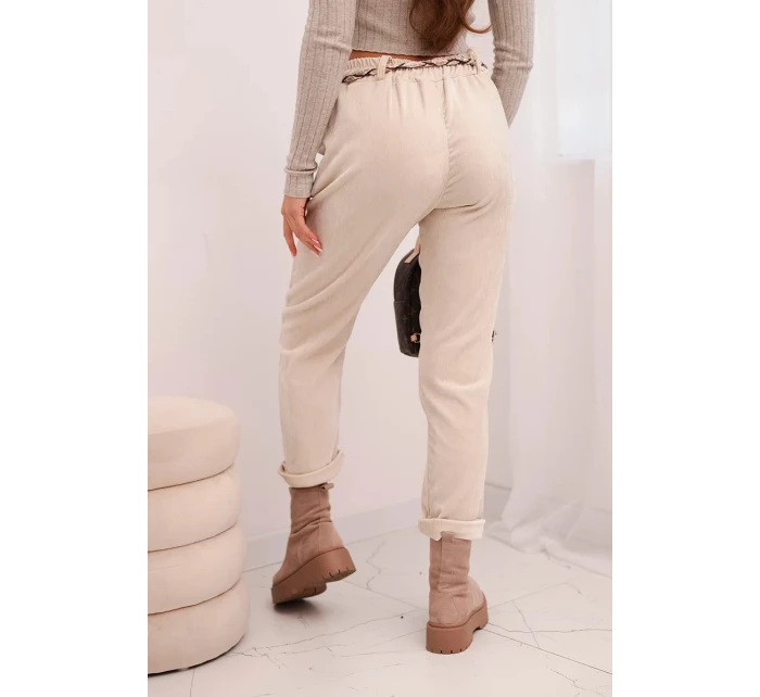 Dámské kalhoty z viskózy s šátkovým páskem béžové Dámské kalhoty z viskózy s šátkovým páskem béžové