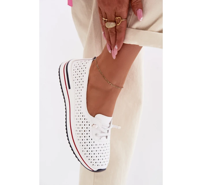 Kožené Ažurové Dámské Polobotky S.Barski LR61-7044 Bílé