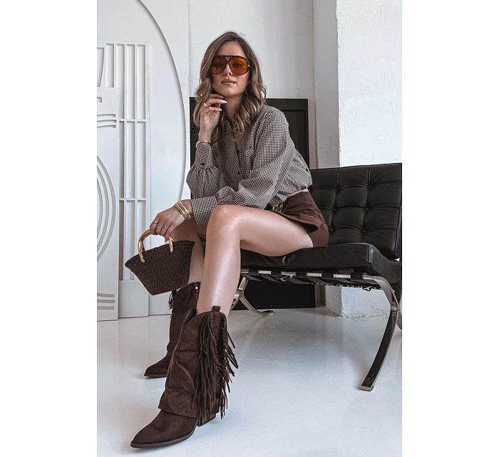 Dámské kožené boty s třásněmi na podpatku čokoládové Gralina