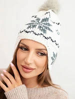 Dámská zimní čepice vlněná s motivem sněhové vločky a pomponem K450 bílá + grafitová
