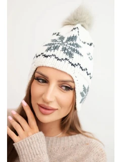 Dámská zimní čepice vlněná s motivem sněhové vločky a pomponem K450 bílá + grafitová