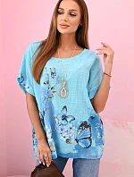 Dámská bavlněná košile s motýly a květinami tyrkys