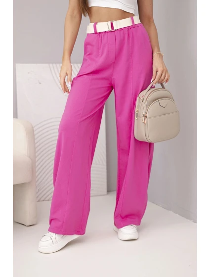 Dámské bavlněné kalhoty se širokými nohavicemi a pásem růžové Dámské bavlněné kalhoty se širokými nohavicemi a pásem růžové