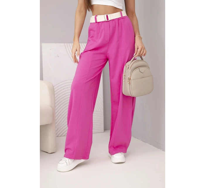 Dámské bavlněné kalhoty se širokými nohavicemi a pásem růžové Dámské bavlněné kalhoty se širokými nohavicemi a pásem růžové