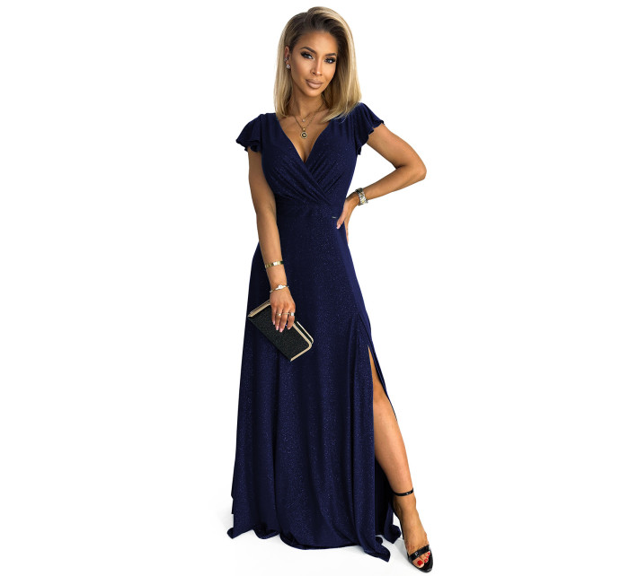 Dámské třpytivé dlouhé šaty s výstřihem CRYSTAL - tmavě modré