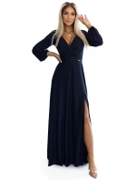 Tmavě modré lesklé dlouhé dámské šaty s výstřihem a dlouhými rukávy model 20614736 - numoco