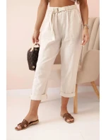 Dámské lněné kalhoty s bavlnou a páskem béžové Dámské lněné kalhoty s bavlnou a páskem béžové