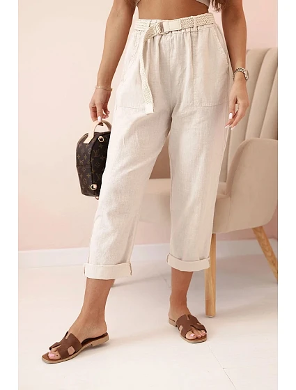 Dámské model 21220001 kalhoty s bavlnou a páskem béžové - K-Fashion