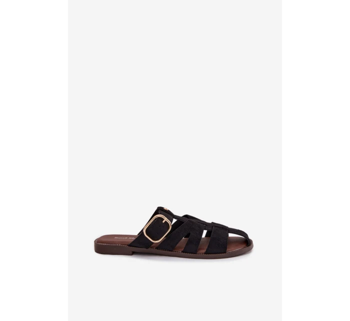 Dámské ploché nazouváky s pásky a zlatým přezkou Černé model 22032112 - Boto