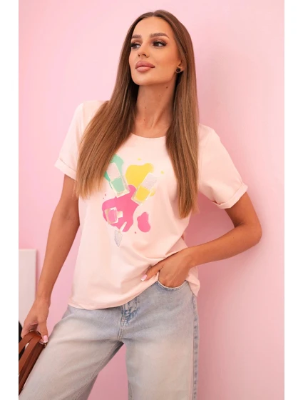 Dámská pruhovaná blůza s V výstřihem a krátkým rukávem béžová Dámská pruhovaná blůza s V výstřihem a krátkým rukávem béžová