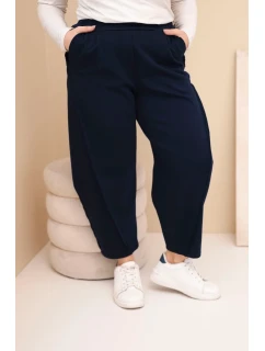 Dámské bavlněné kalhoty Plus Size volného střihu s vysokým pasem modré