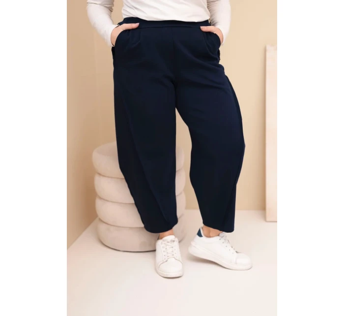 Dámské bavlněné kalhoty Plus Size volného střihu s vysokým pasem modré