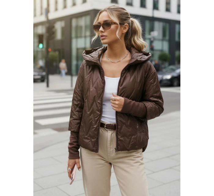 Dámská přechodná prošívaná bunda s kapucí hnědá FashionStreet TY5613