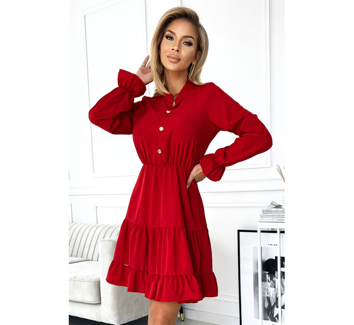 Červené dámské šaty s výstřihem a zlatými knoflíky model 17780083 - numoco