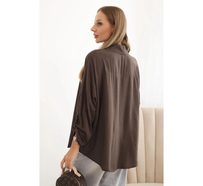 Dámské tričko s model 21954844 ozdobnými knoflíky a límečkem hnědé - K-Fashion